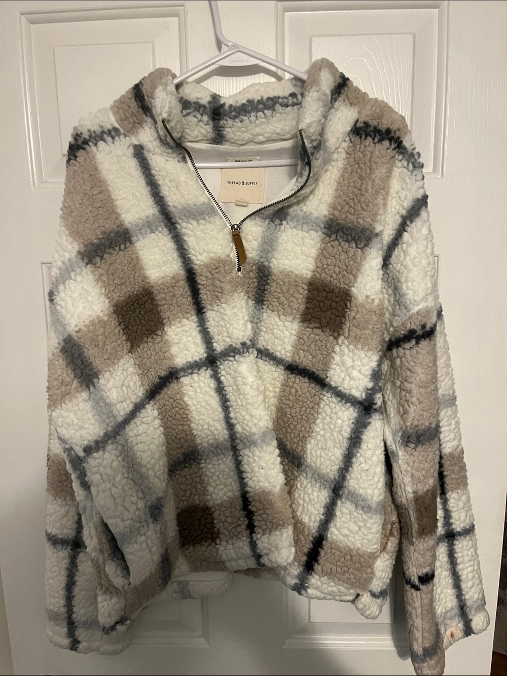 Thread & Supply Beige and White Plaid Sherpa Half-Zip Jacket